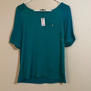 The Limited Dressy Silky Teal Short Sleeve Top w/ Jersey Stretch Sleeves Size: S